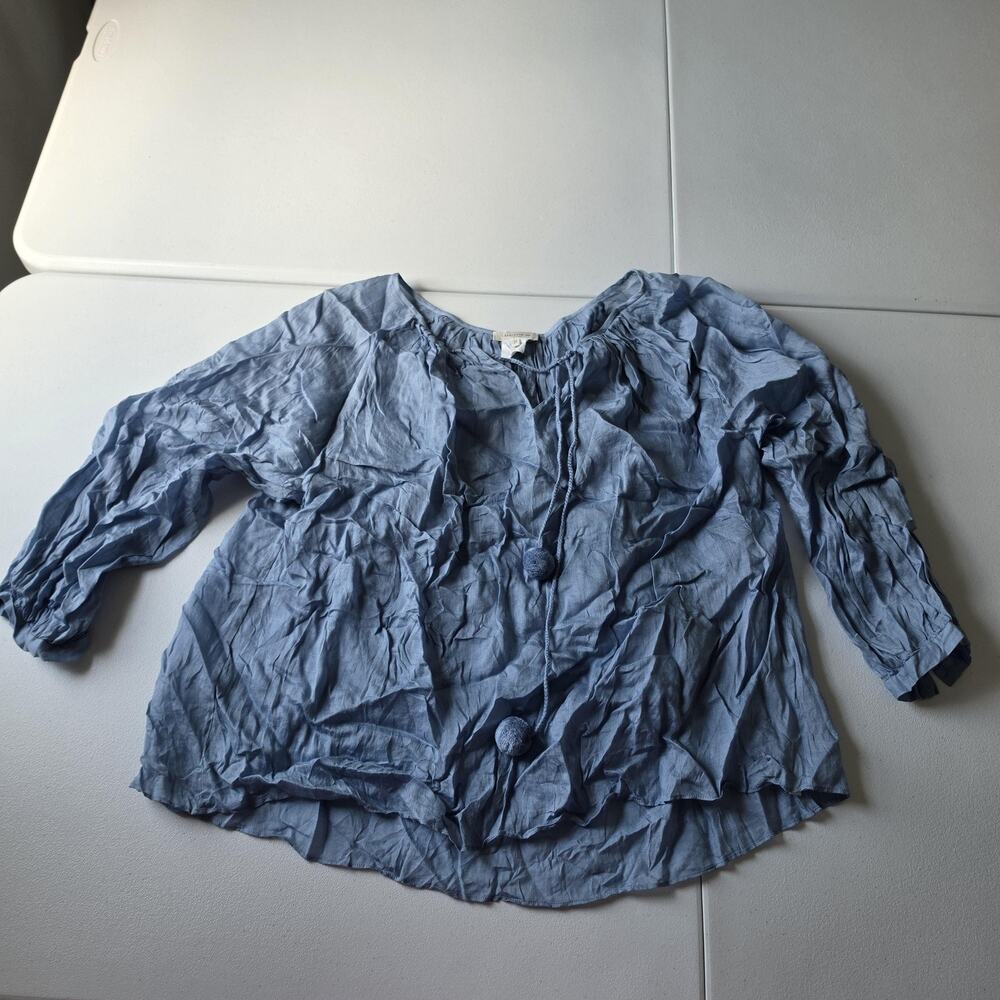 Lafayette 148 New York Peasant Tunic Blouse Womens M Blue Ramie Lyocell Tassel